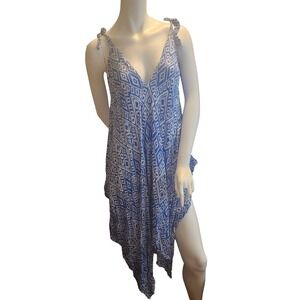 Sol & Luna Blue White Geometric Handkerchief Hem Tie Shoulder Dress One Size